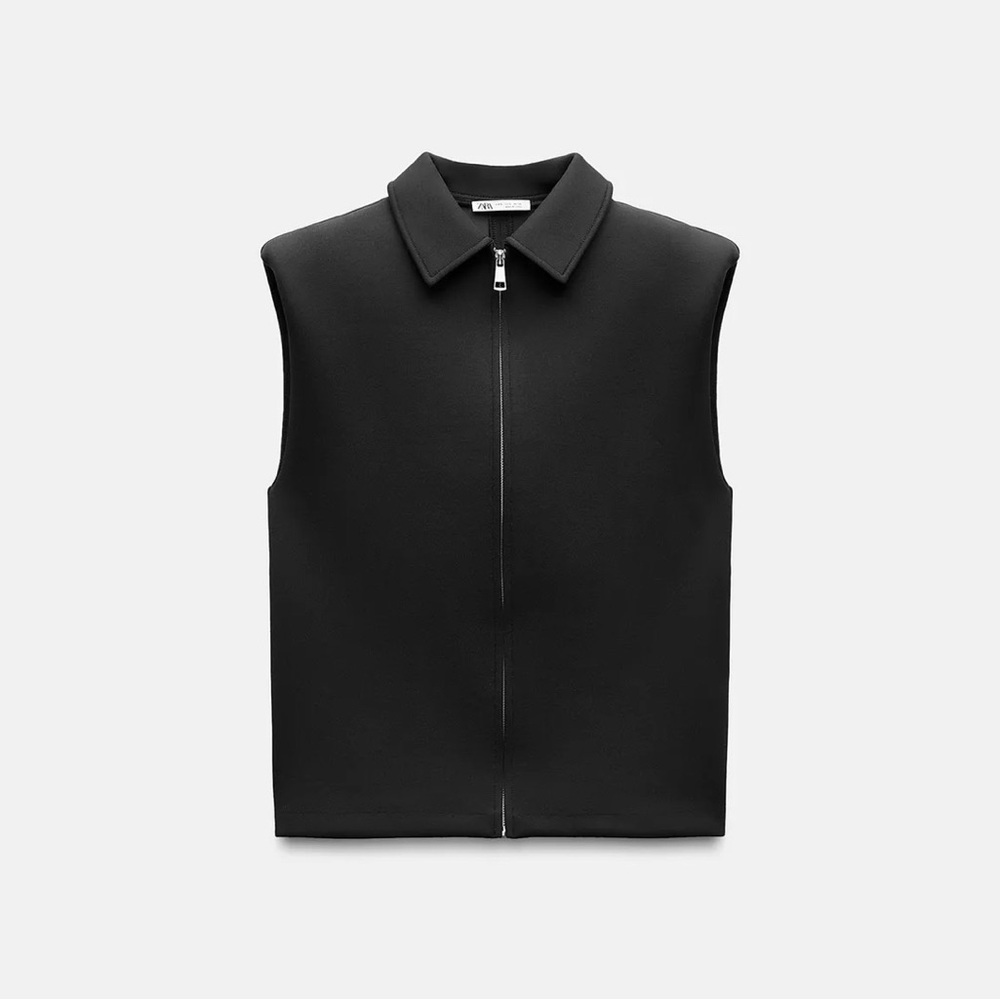 Zara Zippered Shoulder Pads Black Sleeveless Zip-Up Vest